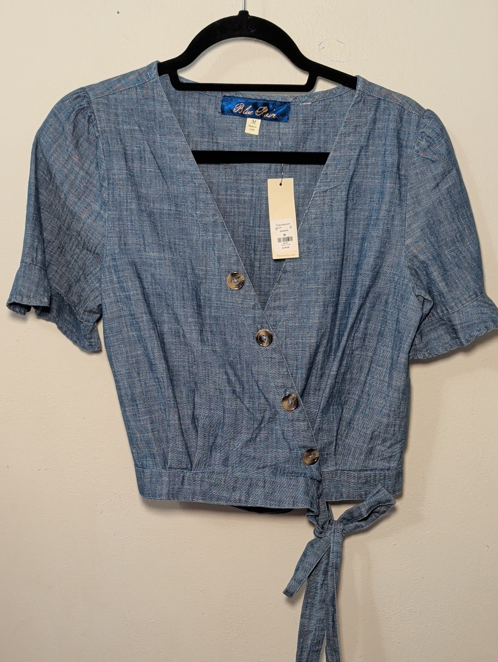 Blue Rain Chambray Wrap Crop Top Blue Ruffle Sleeve Button Front Women's Size M - Picture 1 of 7